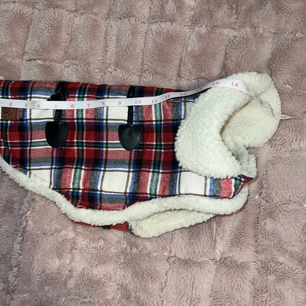 Bee & Willow Home Red Plaid Sherpa Lined Dog Coat Jacket Size Large 15” - 17” - Picture 6 of 6